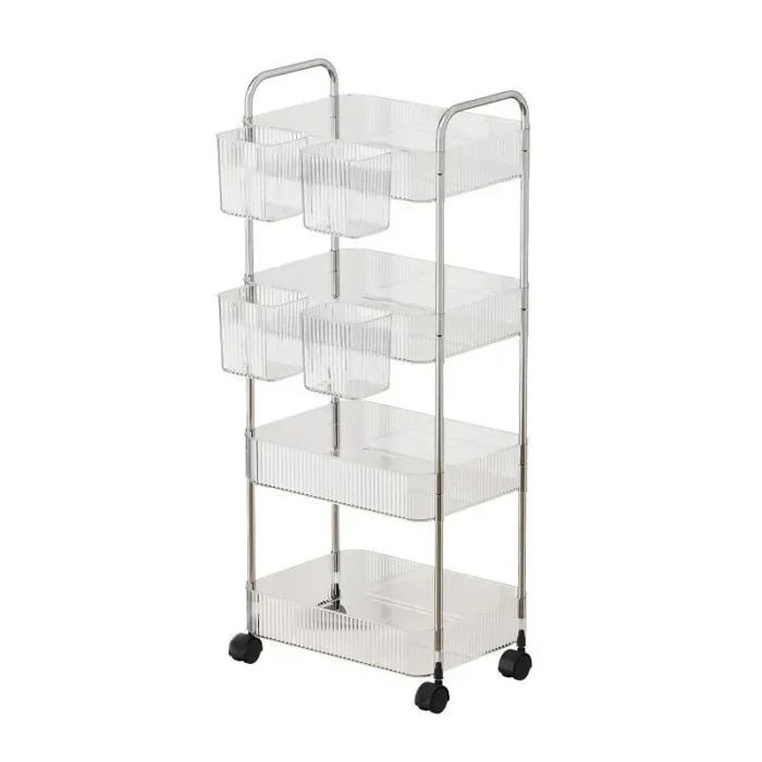 Kitchen Living Room Bathroom Storage Cart With Basket Plastic Transparent 4-layer Rolling Cart - Image 2