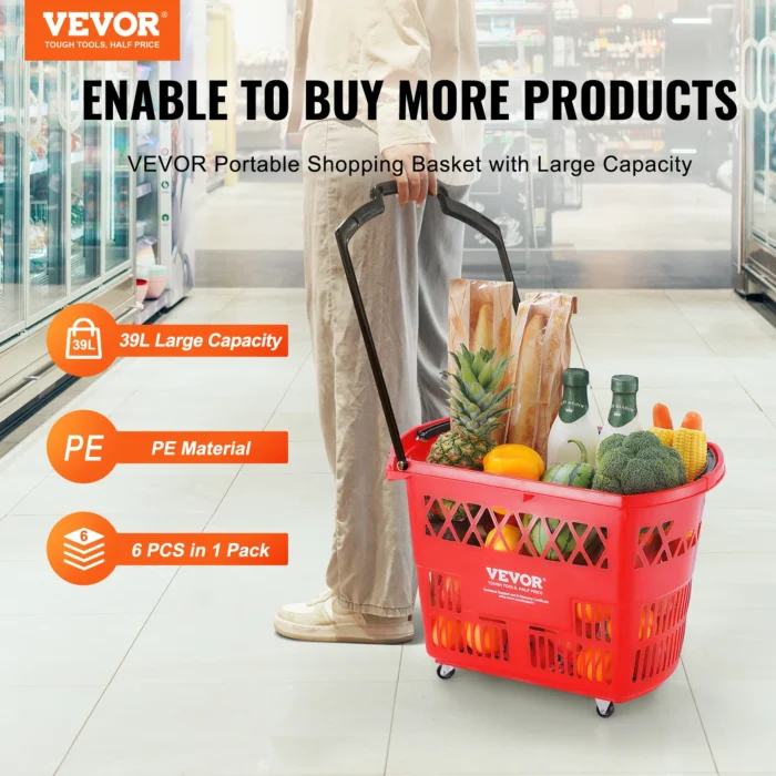 VEVOR 6PCS Shopping Baskets 39L Rolling Shopping Carts with Handles & Wheels Portable for Supermarkets Retail Stores Grocery - Image 4