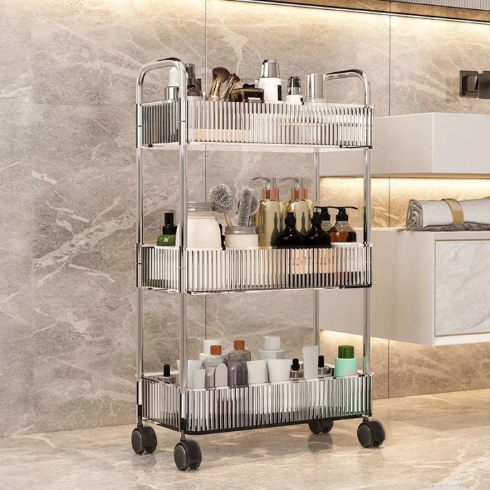 Kitchen Living Room Bathroom Storage Cart With Basket Plastic Transparent 4-layer Rolling Cart
