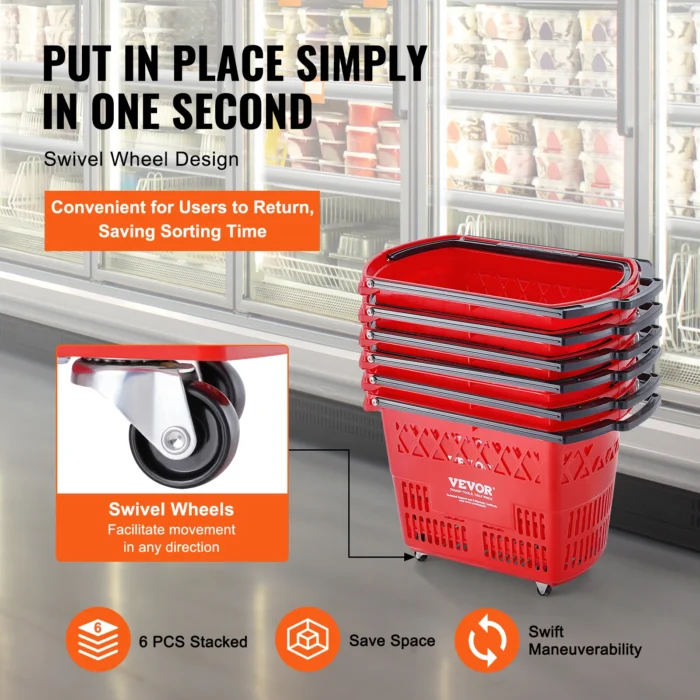 VEVOR 6PCS Shopping Baskets 39L Rolling Shopping Carts with Handles & Wheels Portable for Supermarkets Retail Stores Grocery