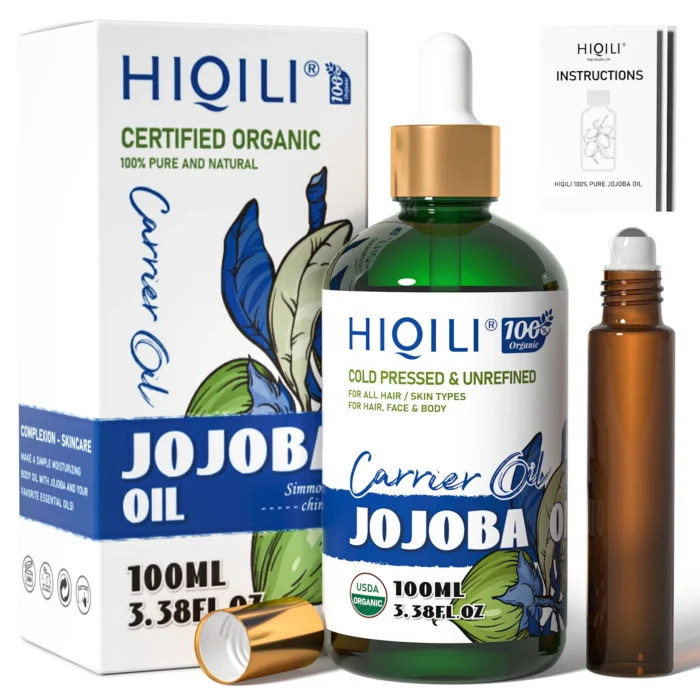 HIQILI Pure Jojoba Carrier Oil,100ML Cold Pressed Unrefined Essential Oils for Mixing, Hair Care, Face, Nails, Massage - Image 2