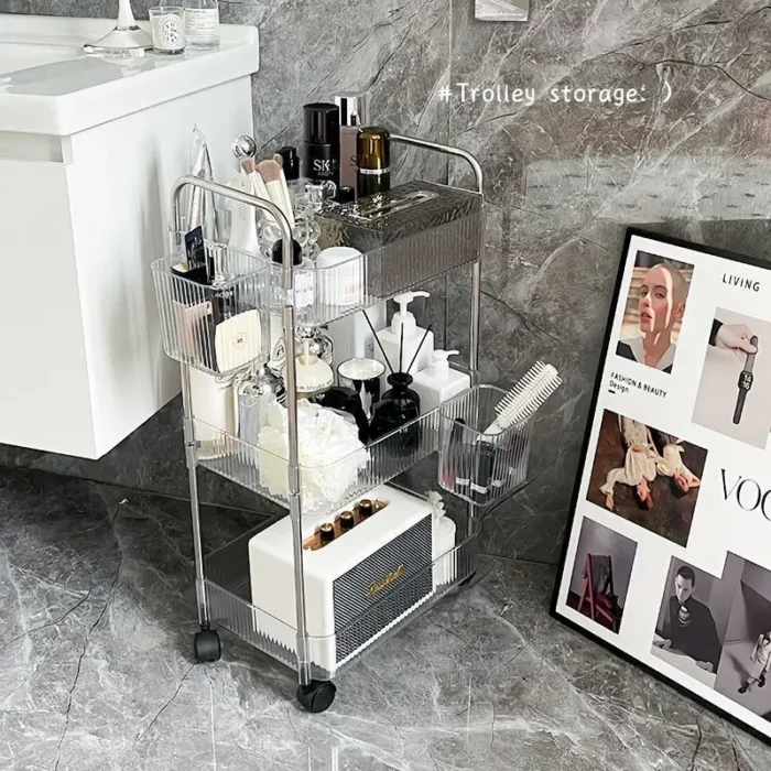 Kitchen Living Room Bathroom Storage Cart With Basket Plastic Transparent 4-layer Rolling Cart - Image 3
