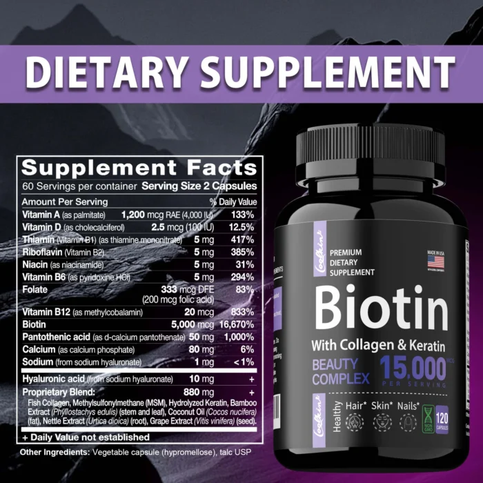 Biotin Collagen Capsules - Promotes Hair Growth, Improves Dry Hair, Skin Beauty Care, Supports Nail Health - Image 3