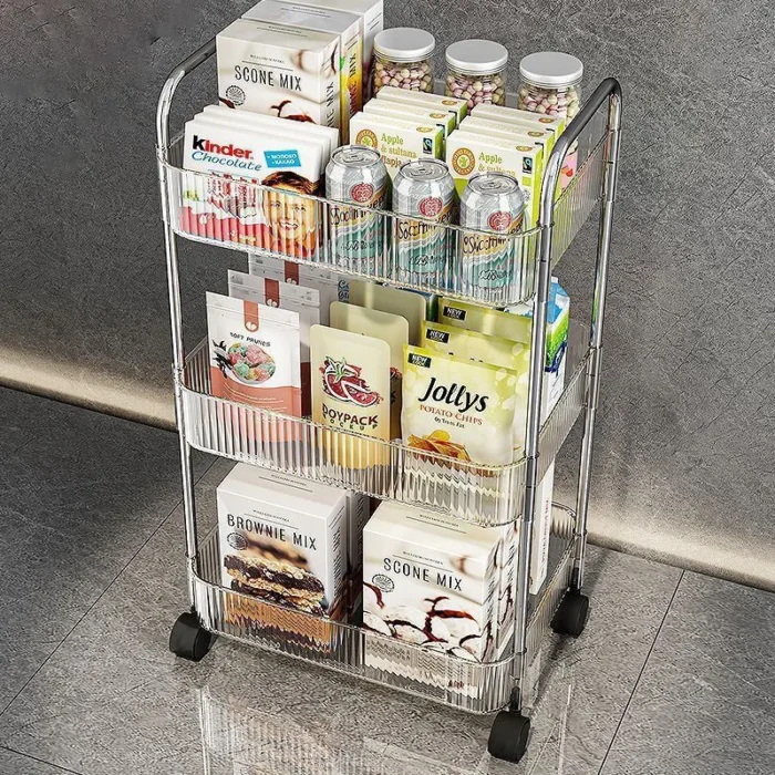 Kitchen Living Room Bathroom Storage Cart With Basket Plastic Transparent 4-layer Rolling Cart - Image 4